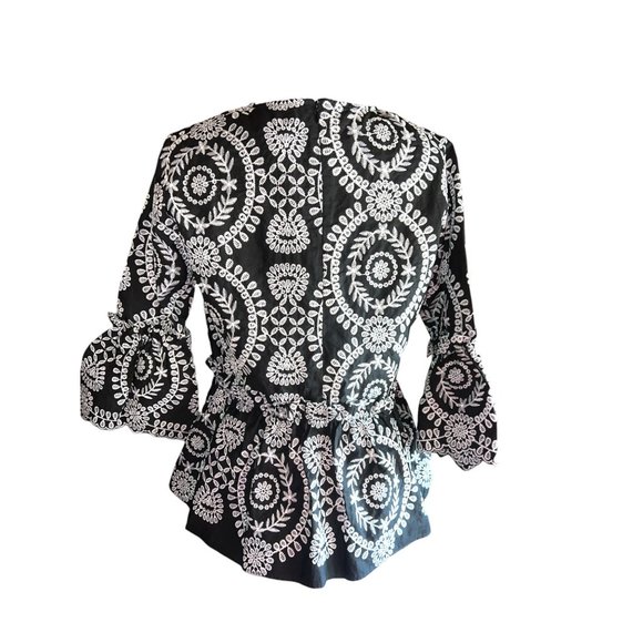 ASOS Black White Floral Embroidered Peplum Blouse With Ruffles. Women Size 0 - Picture 6 of 11